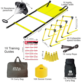 Stag Iconic Adjustable Agility Speed Training Kit for Football, Cricket, Exercise, Kids Activity, Sports Games, Adustable Hurdles, Ladder, Marker Cone, Soccer Cones, Parachute, Skipping Rope & Kit Bag