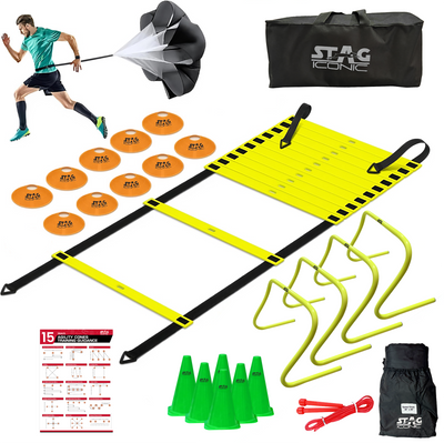 Stag Iconic Agility Speed Training Kit for Football, Cricket, Exercise, Kids Activity, Sports Games, Fixed Hurdles, Ladder, Marker Cone, Soccer Cones, Parachute, Skipping Rope & Kit Bag Stag Iconic