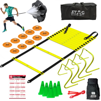 Stag Iconic Agility Speed Training Kit for Football, Cricket, Exercise, Kids Activity, Sports Games, Fixed Hurdles, Ladder, Marker Cone, Soccer Cones, Parachute, Skipping Rope & Kit Bag